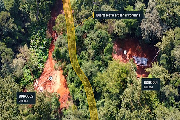 Drone image of the Wilfred target at Dalaroo Metals’ Bondoukou gold project in Côte d’Ivoire showing the drill pads from the two discovery holes and the outline of an interpreted quartz reef dotted with artisanal workings.