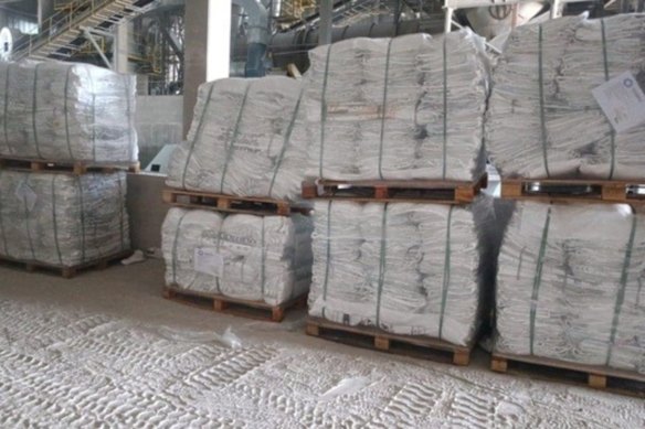 Pampafos fertiliser bags, ready and waiting to be filled and sold when Aguia Resources’ natural phosphate fertiliser becomes commercially available later this year.