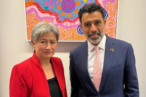 Foreign Minister Penny Wong pictured with Palestinian advocate Nasser Mashni in October 2023.