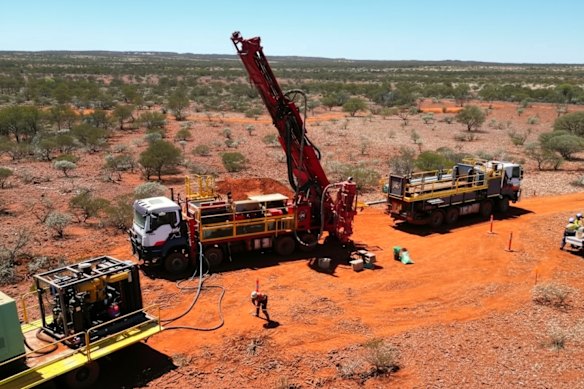 A drill rig mobilising to site at PLC Resources’ Abbotts North gold project in the Murchison of Western Australia.