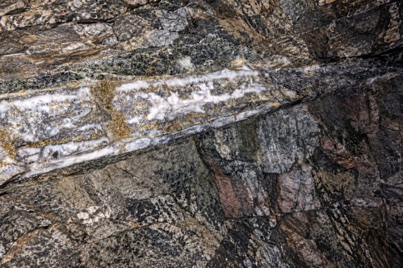 Aguia Resources’ heavily mineralised Vein No. 1 in the exploratory tunnel at the Santa Barbara gold project in Colombia.