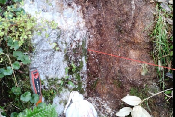 Quartz-scheelite vein at Critical Resources’ Granite Creek project, New Zealand, which returned 16.63 per cent tungsten trioxide.