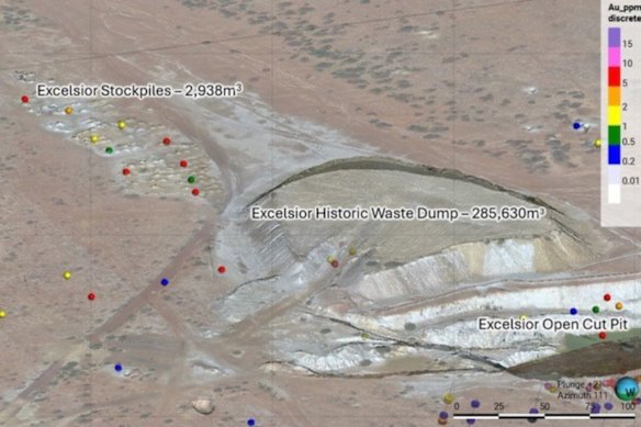 LiDAR image over King River Resources’ historic Excelsior waste dump and stockpiles with historic grab samples located.