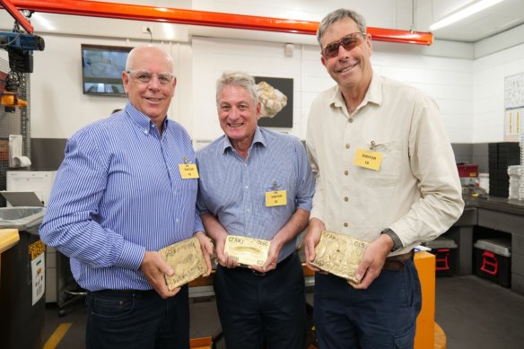 Auric Mining managing director Mark English with directors Steven Morris and John Utley at the Perth Mint Refinery. 