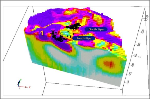 An independent review of new targets using magneto-telluric (MT) and gravity data at Dateline Resources’ 1.1 million ounce Colosseum gold project in California has highlighted Target I as the most robust prospect, with proximity to the South and North pipes (in black).