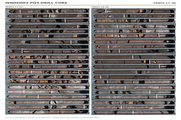 Two core trays from the 72-metre intersection in Accelerate Resources’ diamond drilling at its Woodie Woodie North manganese project, showing visual manganese mineralisation.