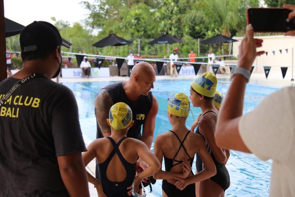 At work at his Klim Swim school in Bali, where he has lived since 2012.