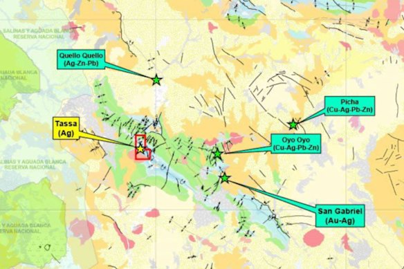 A regional geology map showing surrounding mines and projects near Patriot Resources’ Tassa silver-gold project in southern Peru.