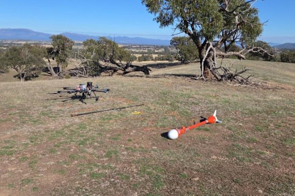 Preparation of drone and magnetometer on the ground prior to the start of Aureka Ltd’s survey across the company’s Irvine Project in Victoria.