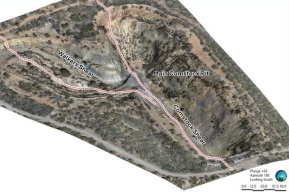 LiDAR and photogrammetry image of Aureka Limited’s Comstock open pit in Victoria, with the main shear zones highlighted. 
