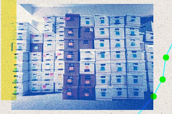 Boxes containing the catalogued tickets the syndicate purchased over three days.