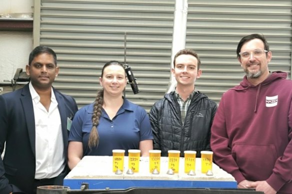 Locksley Resources’ chief operating officer Danny George, along with Hazen researchers, proudly displaying pure metallic antimony samples processed from ore at the company’s Desert Antimony Mine project in California.