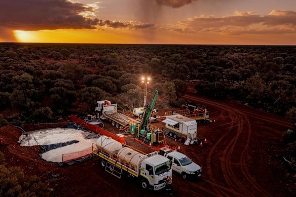 Reverse circulation drill rig in action at Gateway Mining’s Yandal gold project 85 kilometres northeast of Wiluna in WA.