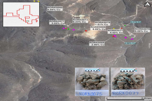 Rock chip samples at the Solana prospect, part of Pan Asia Metals’ Rosario copper project in Chile, registered values of up to 8.9 per cent copper. 