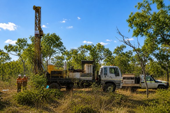 A reverse circulation drill rig in action at Barkly Rare Earths’ flagship Barkly Project in the Northern Territory, where a 10,000m campaign is targeting shallow growth around its existing 40Mt resource.