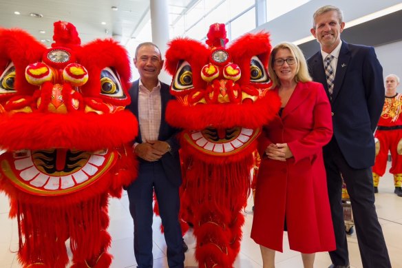 Roger Cook, Rita Saffioti and Perth Airport chief operating officer Scott Woodward at the launch of the WA-China flights.