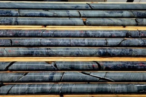 Core trays from Olympio Metal’s Paquin prospect in Quebec with multiple visible gold occurrences in quartz veins and with sulphides. 