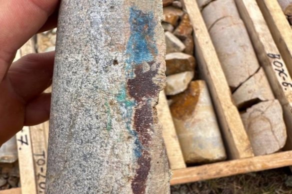 Visible malachite and azurite in the core from 20 metres downhole from the second hole drilled at Sarytogan Graphite’s Ilskan prospect in Kazakhstan.