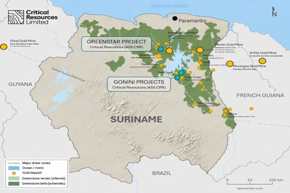 Critical Resources’ Gonini and Greenstars gold projects sit in Suriname’s Guiana Shield, a region known for major gold deposits.