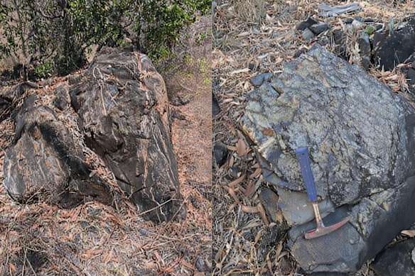 Great Southern Mining’s Megan Veins target area, where two outcrops reveal (left) laminated and stockwork quartz veins and (right) strongly hydrothermally altered dolerite.
