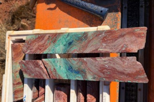 Encounter Resources’ diamond drill core from 32.32 to 32.59m depth showing spectacular copper oxide mineralisation.