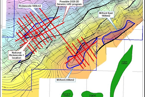 Planned 2D seismic over Whitebark Energy’s Rickerscote prospect shows its key reservoir scale in relation to the Gorgon and Barrow Island gas fields.
