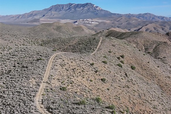 Locksley Resources’ Desert Antimony Mine project in California, with the adjacent MP Materials’ huge Mountain Pass rare earths mine in the background.