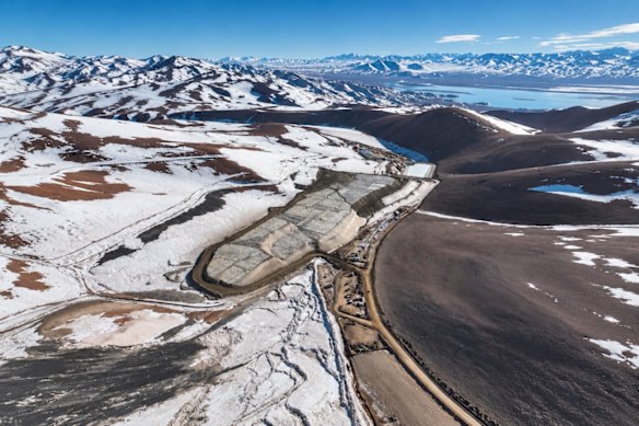An aerial view of Rio2 Limited’s snow-covered Fenix Gold mine and leach pad in Chile, where winter storms have interrupted the production ramp-up.