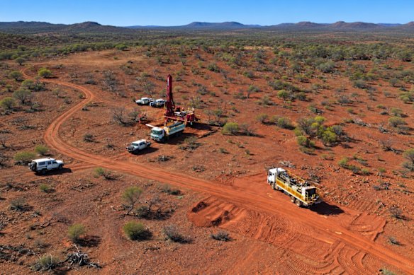 PLC Resources’ reverse circulation rig in action at the Rochefort gold prospect, part of the company’s Abbotsgold project in Western Australia’s Murchison region.