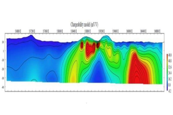 A chargeability anomaly unearthed by Great Southern Mining and its joint venture partner, Gold Fields Limited, at their Edinburgh project in north Queensland. The partners say the upper section could be laden with sulphides harbouring a sizeable gold-copper deposit. 