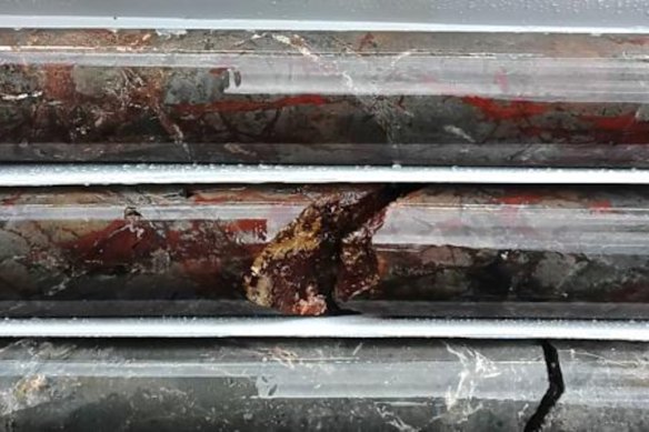 High-grade diamond drill core from Yoquivo’s Pertenencia zone, where Advance Metals’ final holes delivered exceptional silver-gold results, including 3.23m assaying 1315g/t silver and 1.2g/t gold from 145.97m.