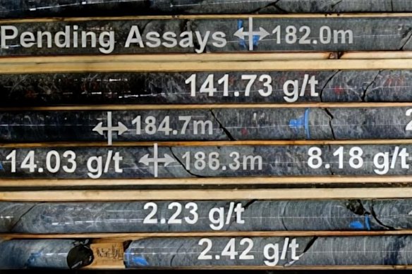 Part of Olympio Resources’ diamond drill core from hole BO-26-63, with assays, where visible gold is reported in dark quartz veining at its Paquin prospect, part of its Bousquet gold project in Quebec.