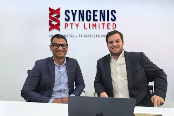 Syngenis Laboratories CTO and Founder Prof. Rakesh Veedu with AI Strategist, James Hill, reviewing the AI model.
