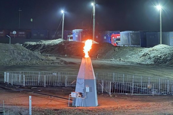 TMK Energy’s Lucky Fox-07 well flares during tests at the company’s Gurvantes XXXV coal seam gas project in Mongolia.