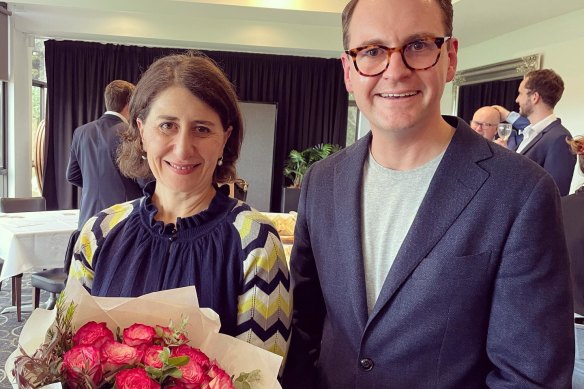 Gladys Berejiklian and Liberal senator Andrew Bragg at a Liberal Party function at Northbridge Golf Club on Sunday.