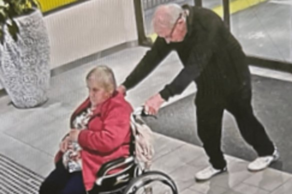 CCTV footage shows Colin pushing Claudette in her wheelchair at The Glen shopping center in Glen Waverley on Saturday.