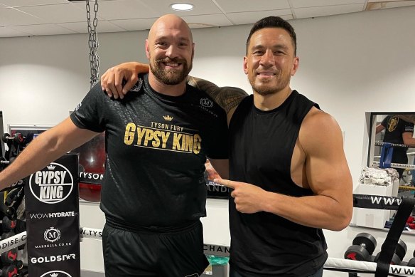 Sonny Bill Williams and Tyson Fury before sparring session in Britain.