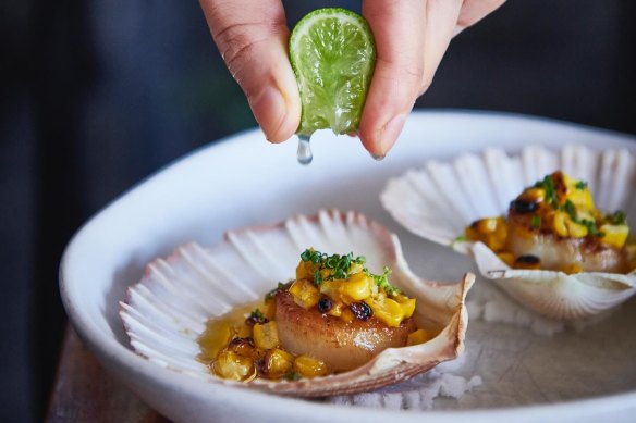 Baked scallops with miso butter and corn.