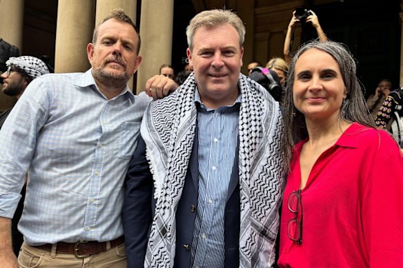 NSW Labor MPs Stephen Lawrence, Cameron Murphy and Dr Sarah Kaine at the rally against Israeli President Isaac Herzog. 