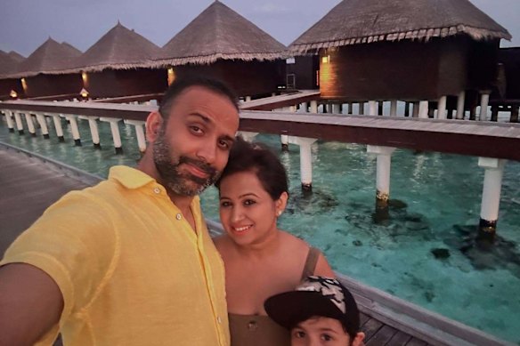 Bharat Mangwani&nbsp;with his wife&nbsp;Neha&nbsp;and son&nbsp;Anjaneya. Mangwani was confirmed missing in the Nepal floods.