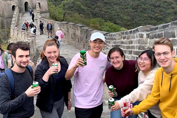 Ciara Morris, second from left, with Peking University classmates on the Great Wall of China in 2019.