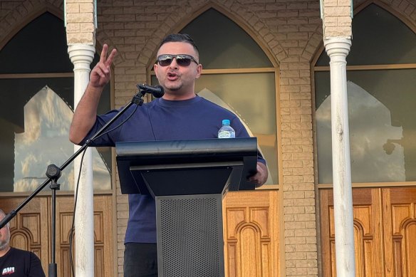 Khaled Beydoun at a rally outside Lakemba Mosque.