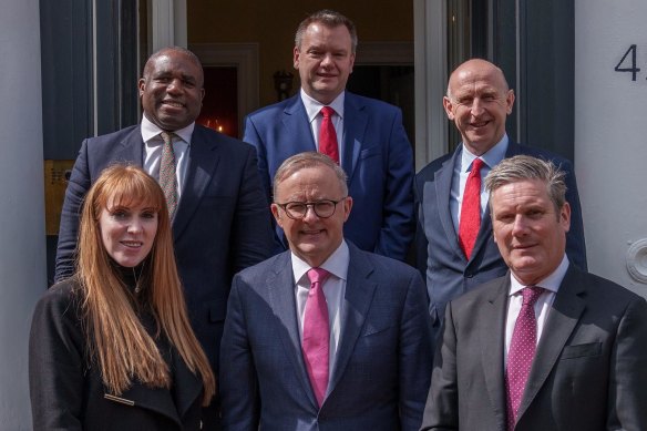 Anthony Albanese flanked by Starmer and Starmer’s deputy, Angela Rayner. Rear from left: Labour team members David Lammy, Nick Thomas-Symonds and John Healy.