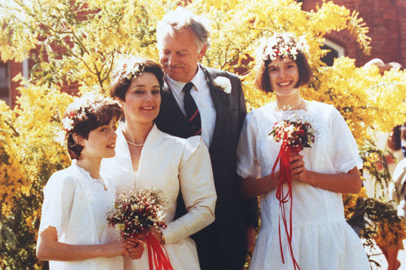 Pru Goward and David Barnett on their wedding day with Pru’s daughters Kate Fischer,12, right and Penny, 11.