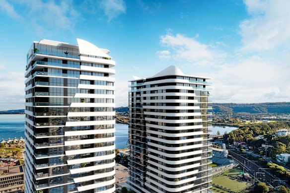 An artist’s impression of the Gosford apartment towers that were initially developed by Greg Walker’s Macarthur Projects. The project has since been bought by another developer.