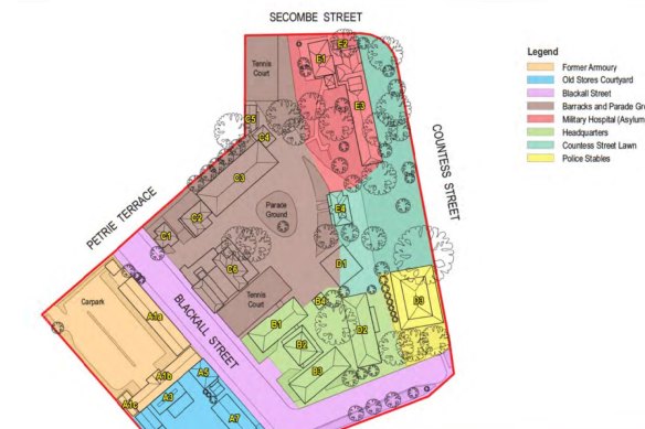 The precincts within Brisbane’s Victoria Barracks showing zones which could be sensitively redeveloped and areas with high heritage significance.
