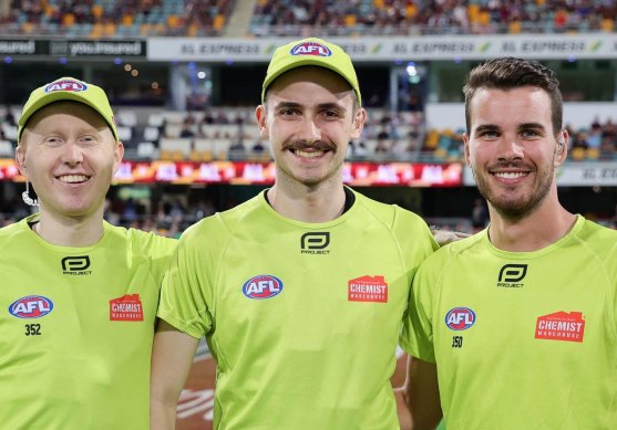 Left to right: AFL umpires Adam Bridges, Tom Sullivan and Jesse Baird