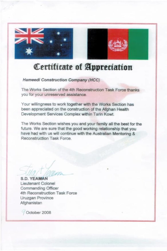 Hammedullah Hammedie has scores of Australian certificates lauding his reconstruction work.