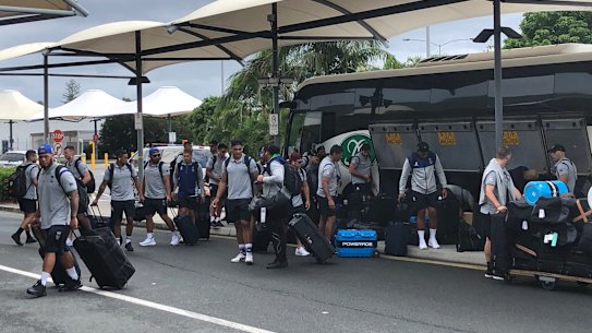 New Zealand Warriors players arrive at Gold Coast Airport as they prepare to fly home.