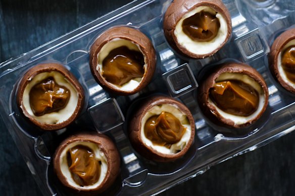 DIY creme eggs filled with caramel and mascarpone.